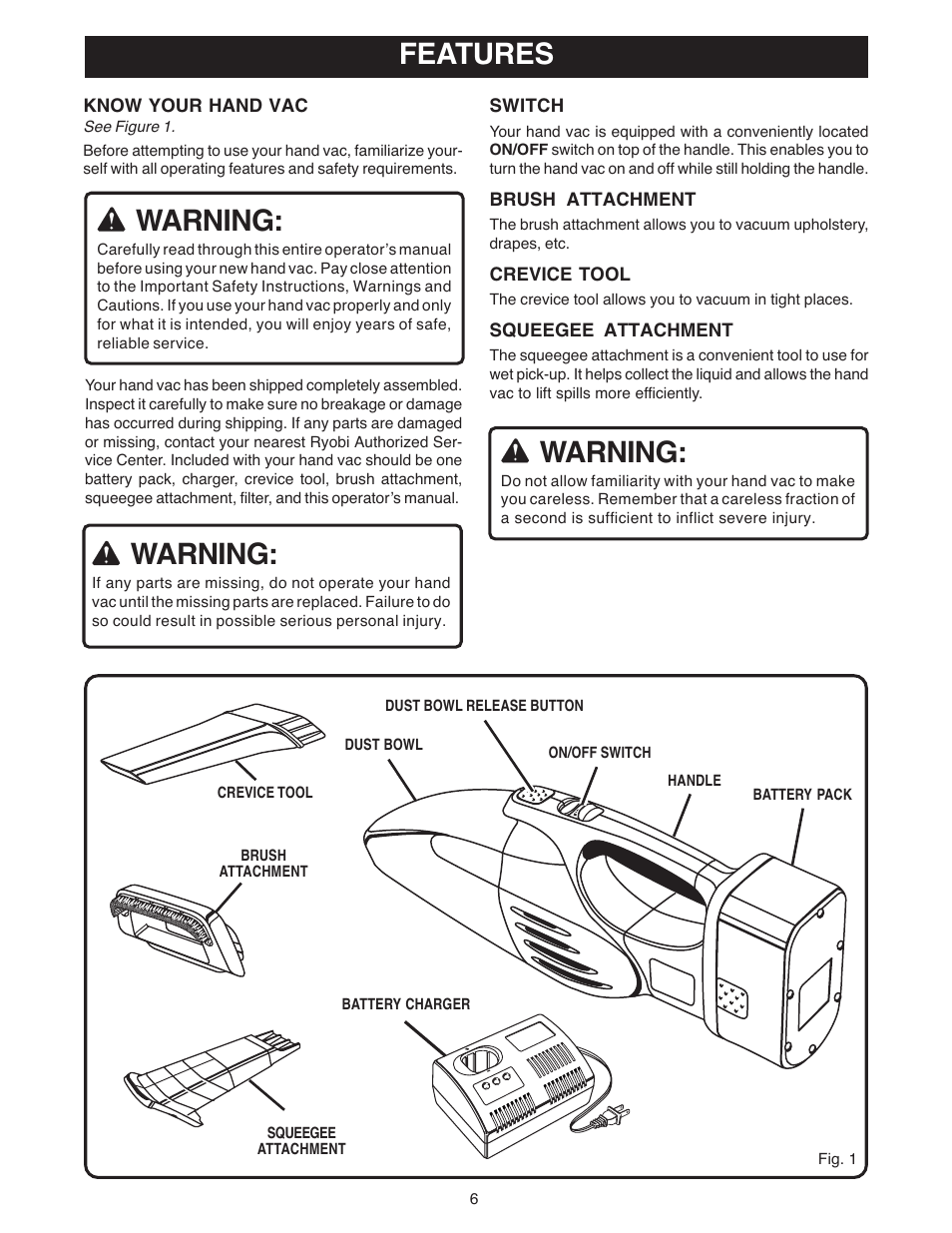 Features, Warning | Ryobi VC180 User Manual | Page 6 / 12