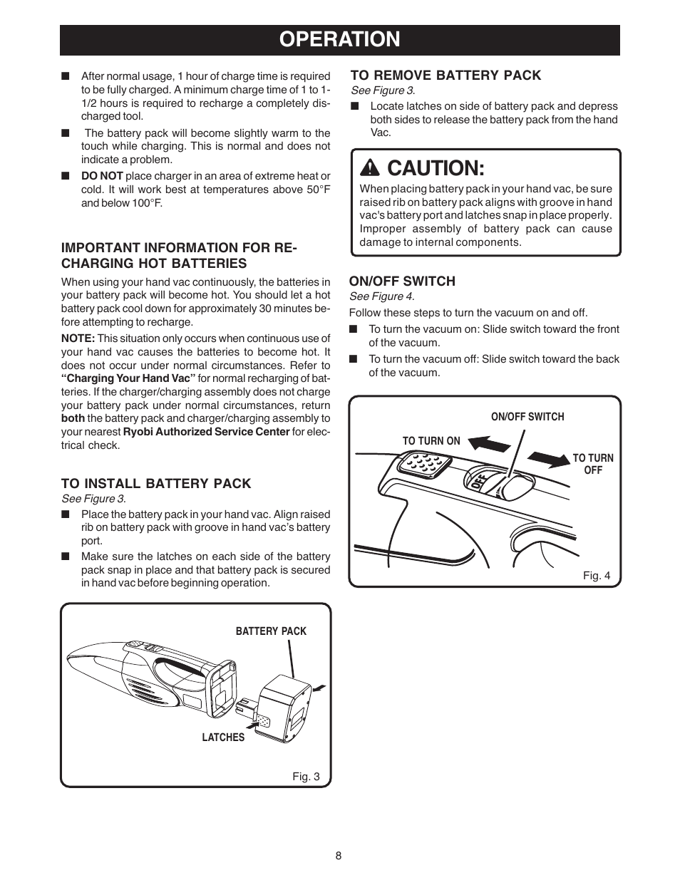 Operation, Caution | Ryobi VC180 User Manual | Page 8 / 12