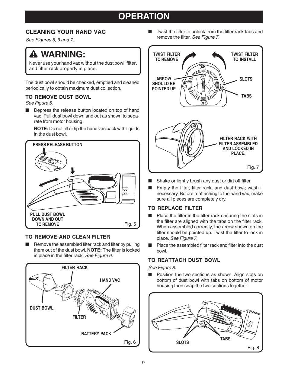 Operation, Warning | Ryobi VC180 User Manual | Page 9 / 12