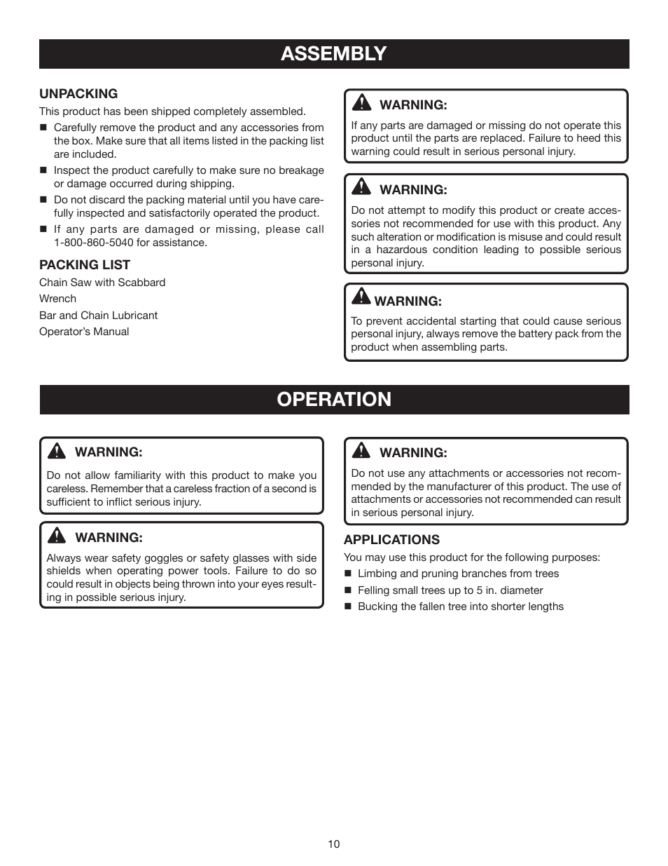 Assembly, Operation | Ryobi P540 User Manual | Page 10 / 28