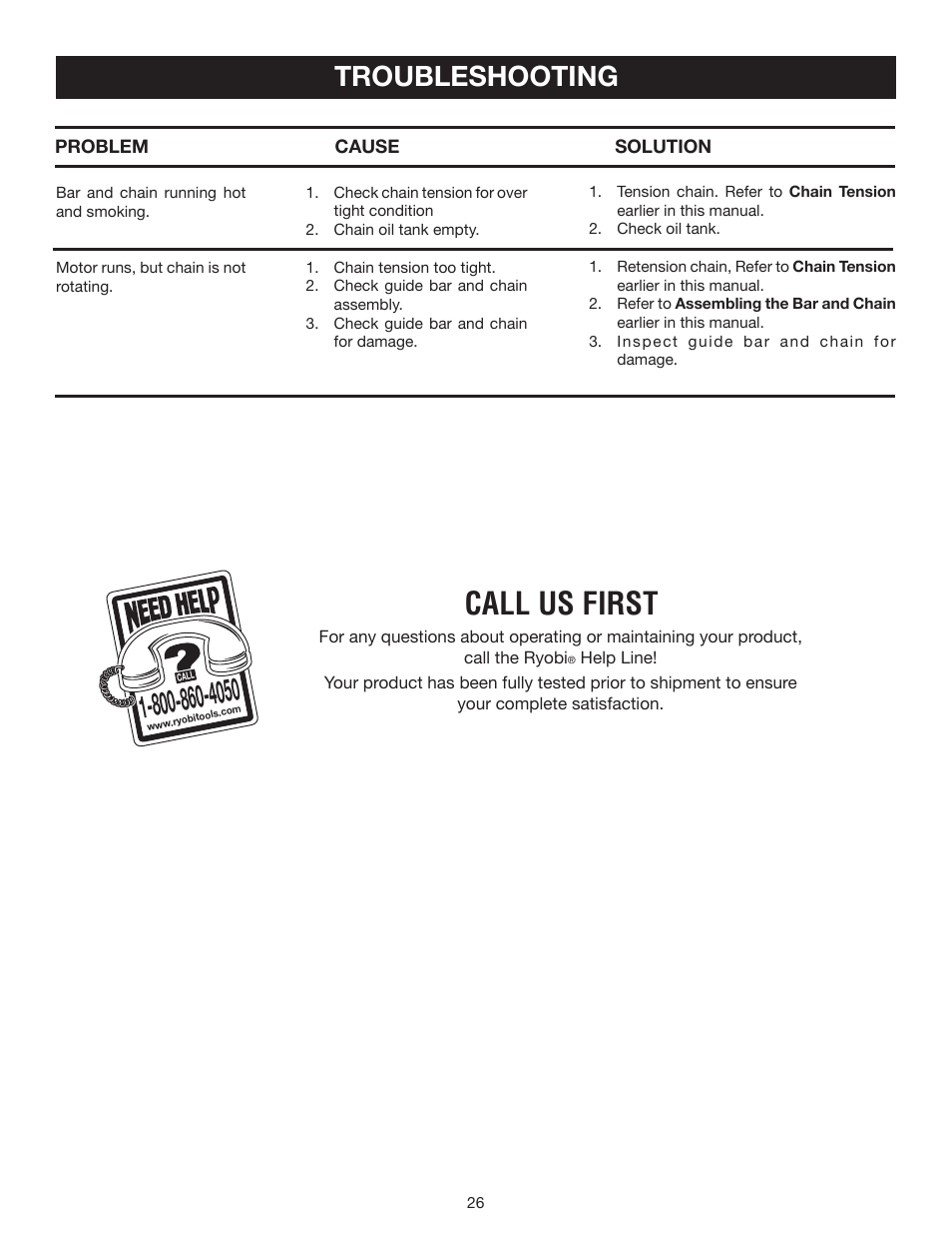 Call us first, Troubleshooting | Ryobi P540 User Manual | Page 26 / 28
