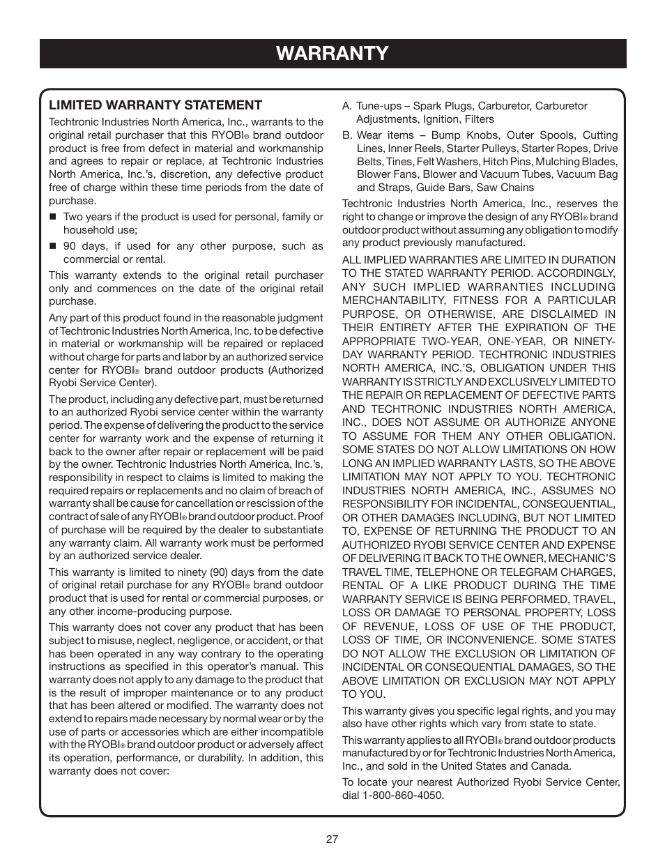 Warranty, Limited warranty statement | Ryobi P540 User Manual | Page 27 / 28