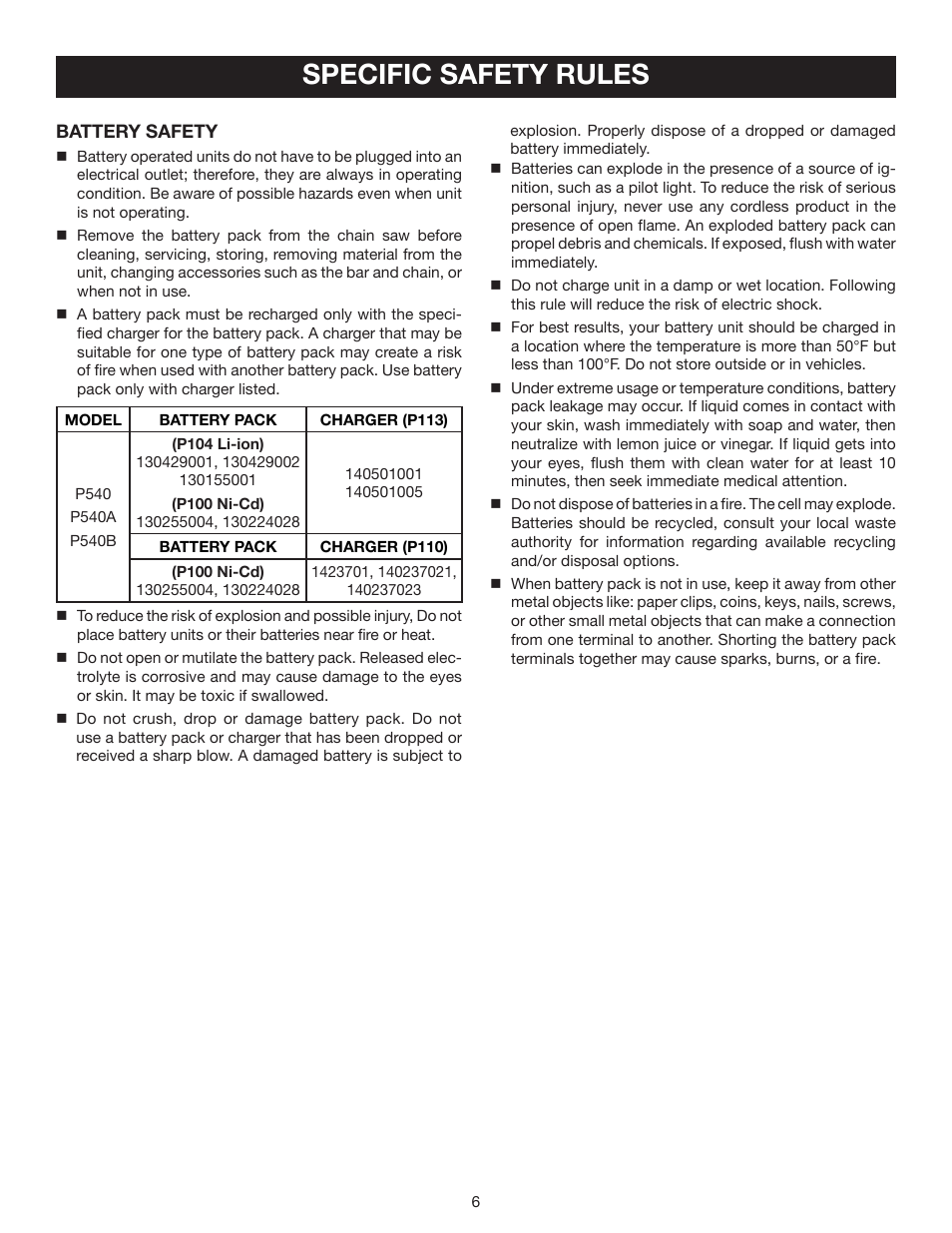 Specific safety rules | Ryobi P540 User Manual | Page 6 / 28
