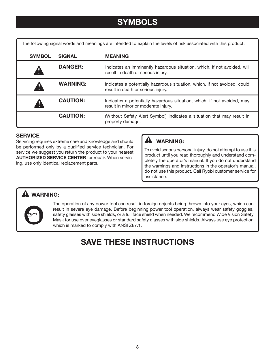Symbols, Save these instructions | Ryobi P540 User Manual | Page 8 / 28