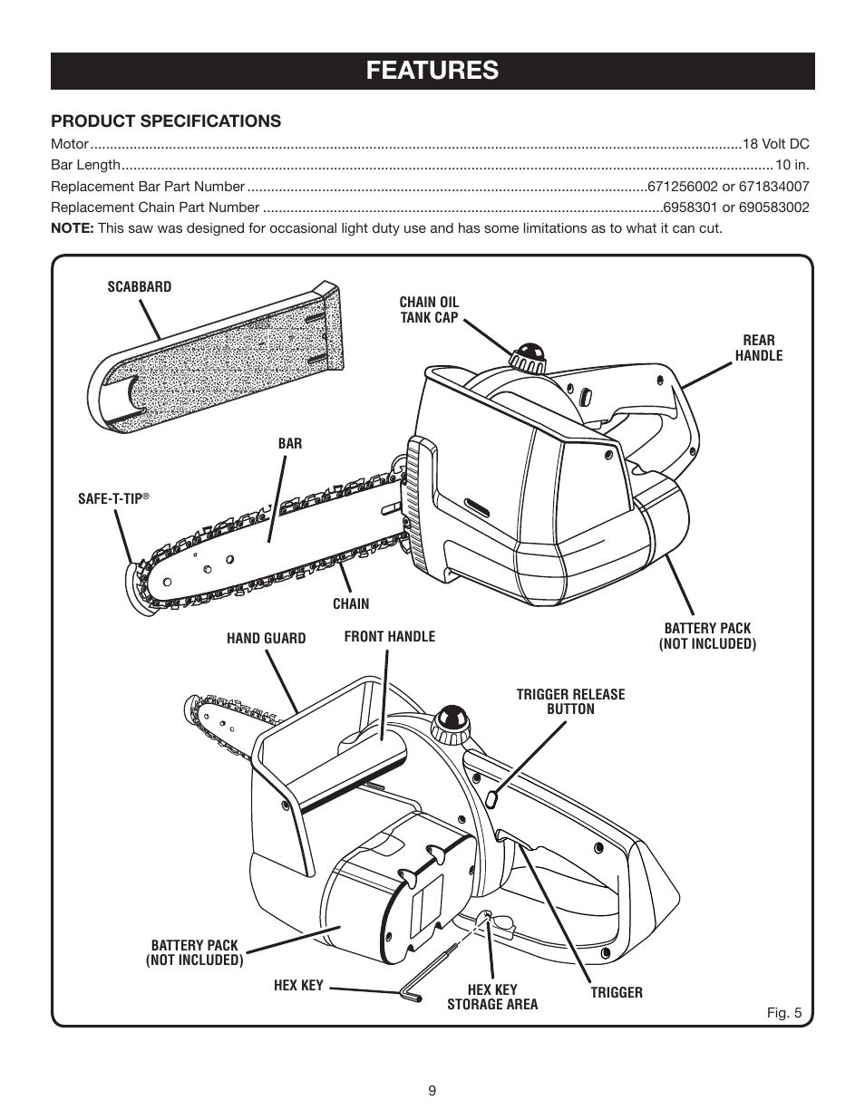 Features | Ryobi P540 User Manual | Page 9 / 28