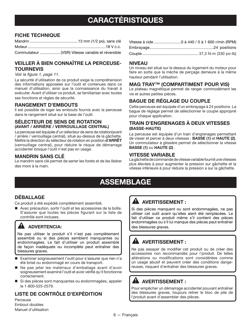 Caractéristiques, Assemblage | Ryobi P202 User Manual | Page 15 / 32