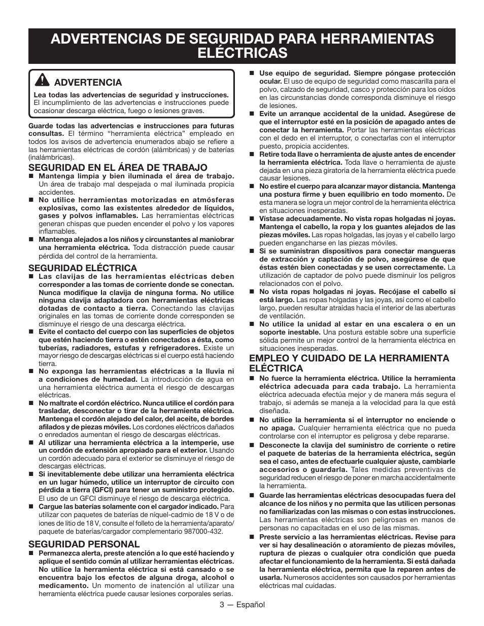 Advertencia, Seguridad en el área de trabajo, Seguridad personal | Empleo y cuidado de la herramienta eléctrica | Ryobi P202 User Manual | Page 21 / 32