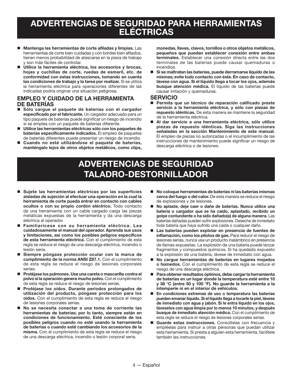 Advertencias de seguridad taladro-destornillador, Empleo y cuidado de la herramienta de baterías, Servicio | Ryobi P202 User Manual | Page 22 / 32