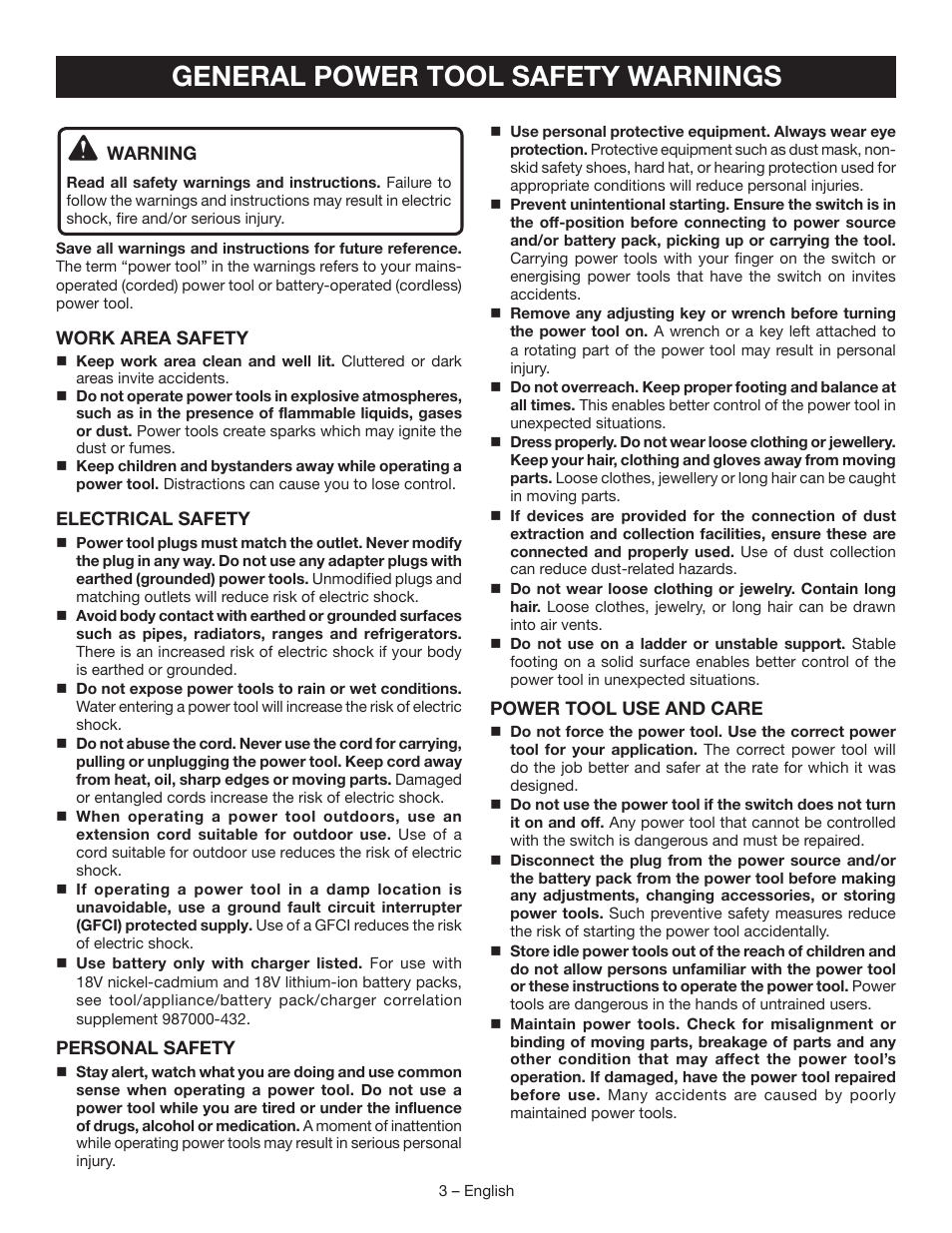 General power tool safety warnings | Ryobi P202 User Manual | Page 3 / 32