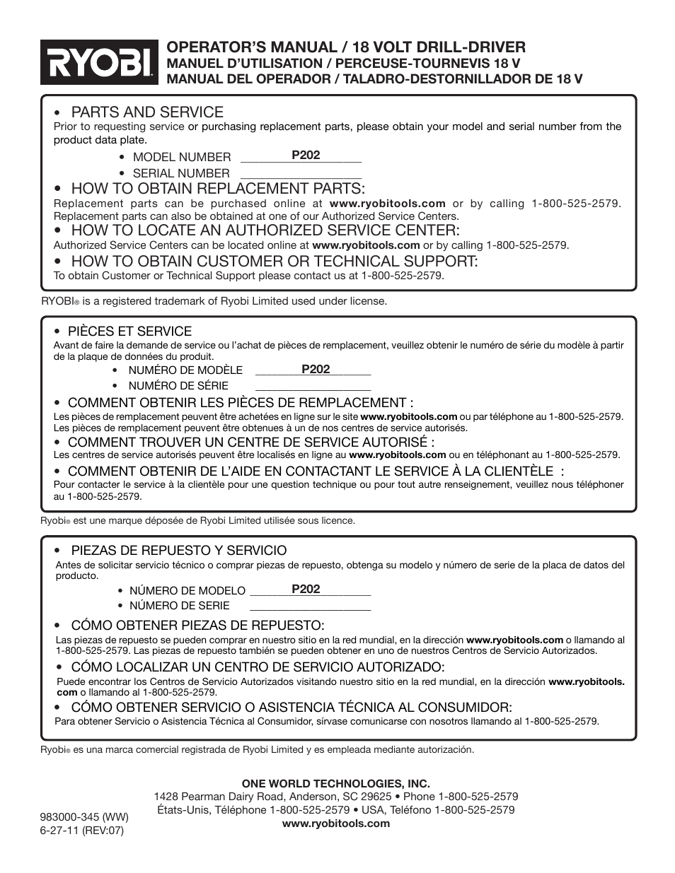 Parts and service, How to obtain replacement parts, How to locate an authorized service center | How to obtain customer or technical support, Operator’s manual / 18 volt drill-driver | Ryobi P202 User Manual | Page 32 / 32