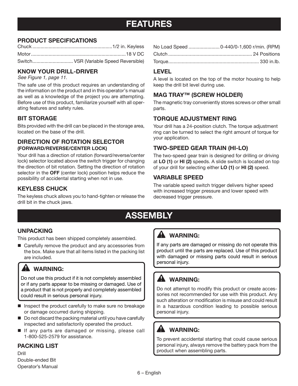 Features, Assembly | Ryobi P202 User Manual | Page 6 / 32