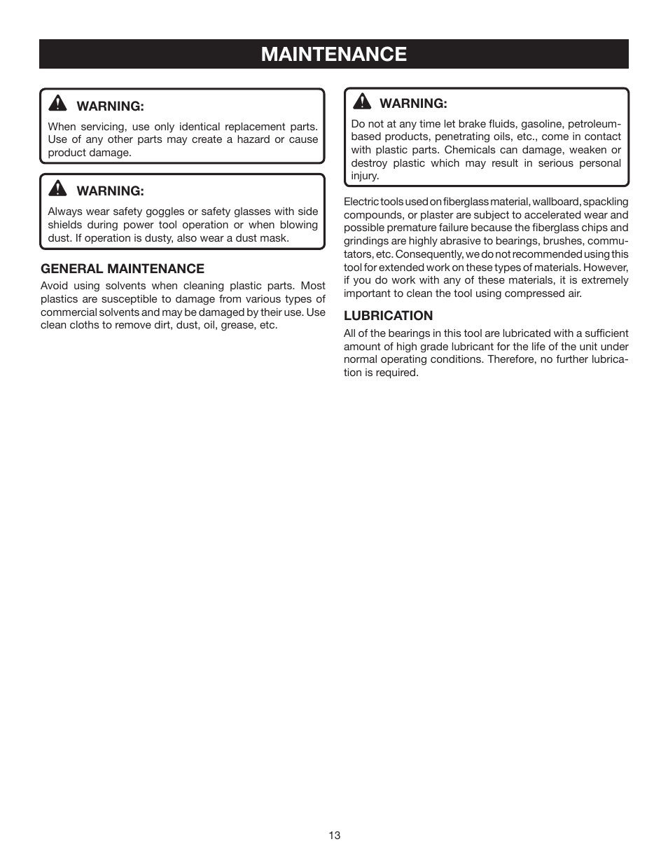 Maintenance | Ryobi D46C User Manual | Page 13 / 16