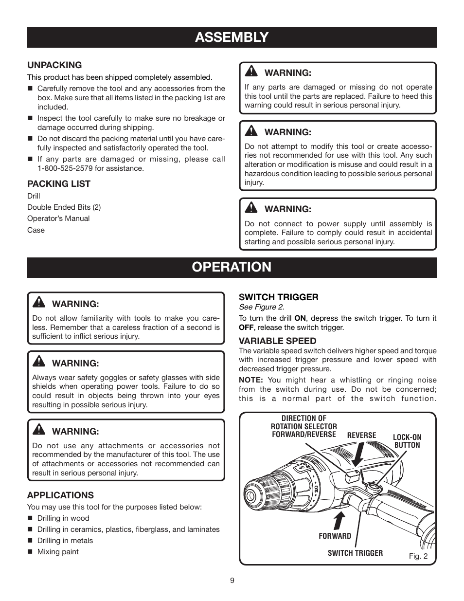 Assembly, Operation | Ryobi D46C User Manual | Page 9 / 16