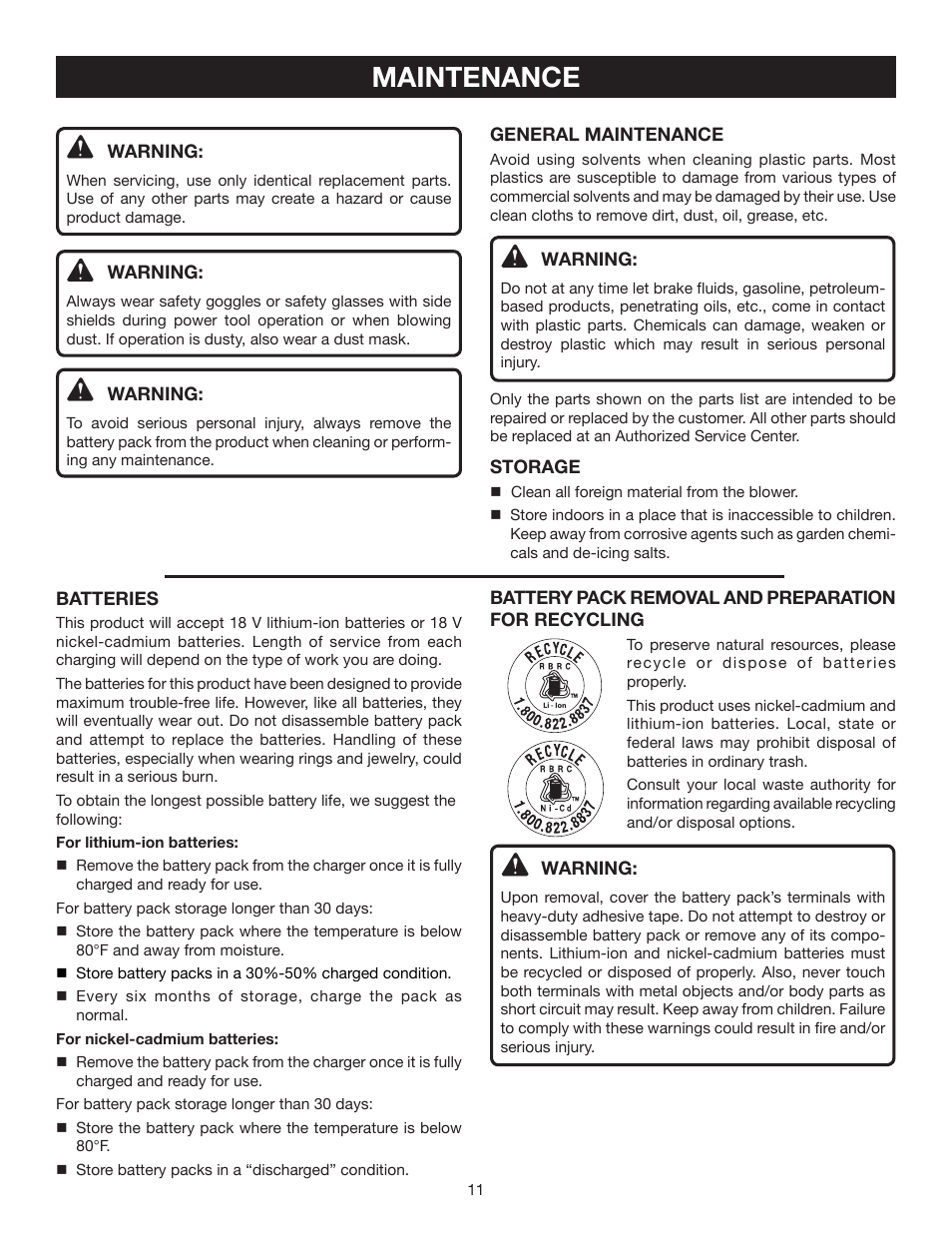 Maintenance | Ryobi P2100B User Manual | Page 11 / 14