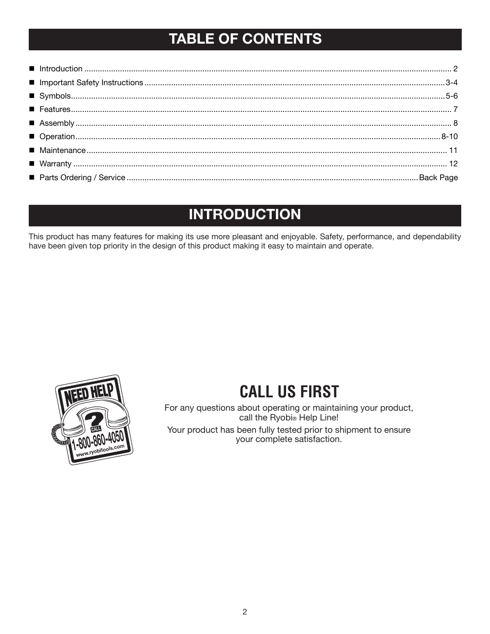 Call us first, Table of contents introduction | Ryobi P2100B User Manual | Page 2 / 14