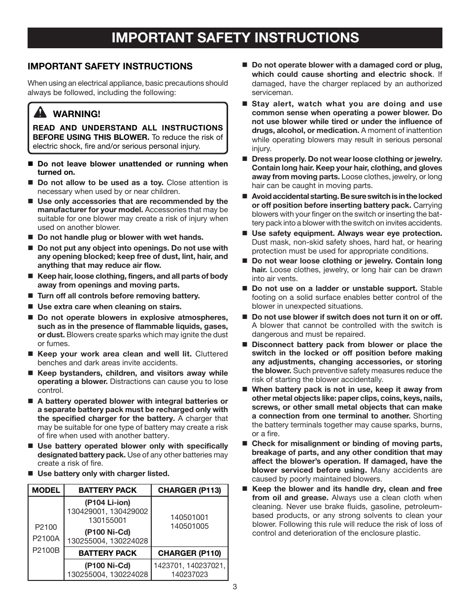 Important safety instructions | Ryobi P2100B User Manual | Page 3 / 14