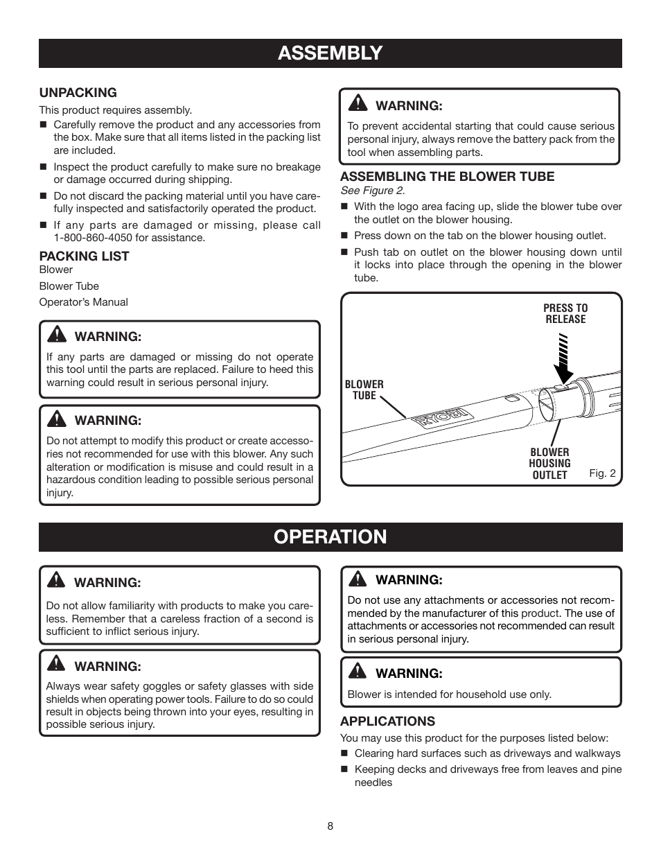 Assembly, Operation | Ryobi P2100B User Manual | Page 8 / 14