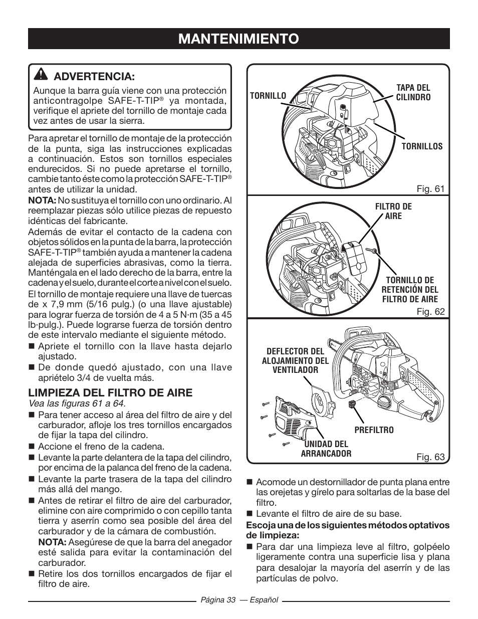 Mantenimiento, Advertencia, Limpieza del filtro de aire | Ryobi RY10518 User Manual | Page 109 / 118