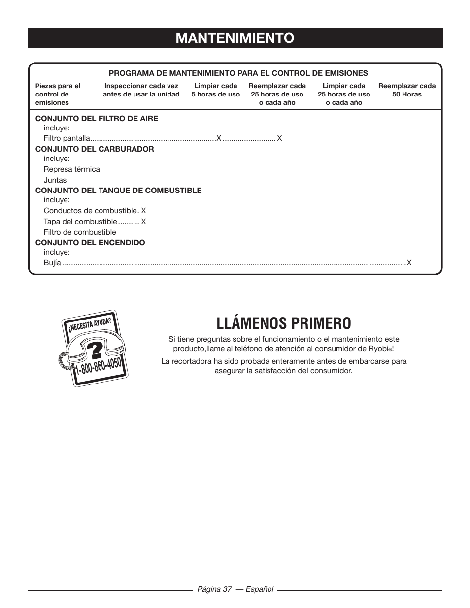 Llámenos primero, Mantenimiento | Ryobi RY10518 User Manual | Page 113 / 118