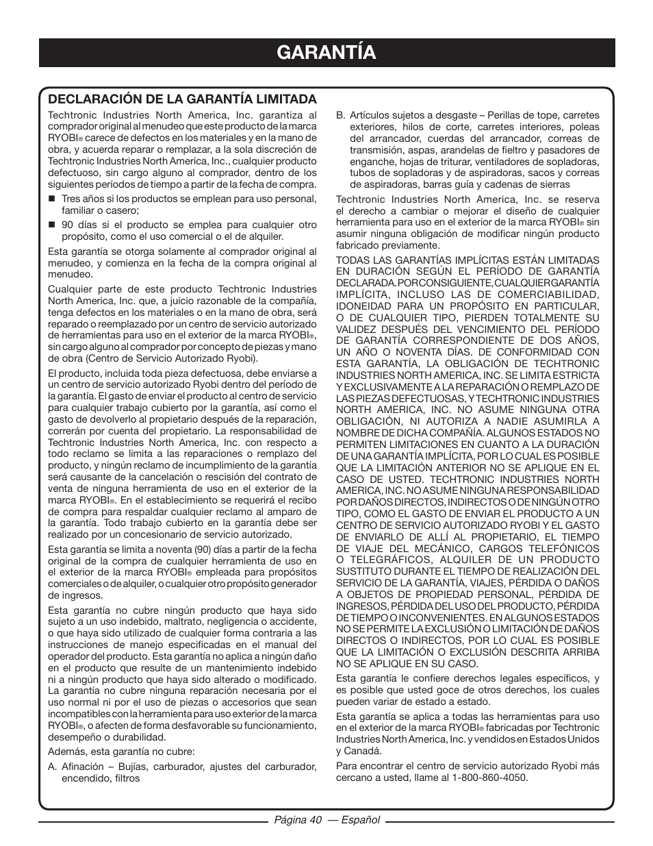 Garantía, Declaración de la garantía limitada | Ryobi RY10518 User Manual | Page 116 / 118