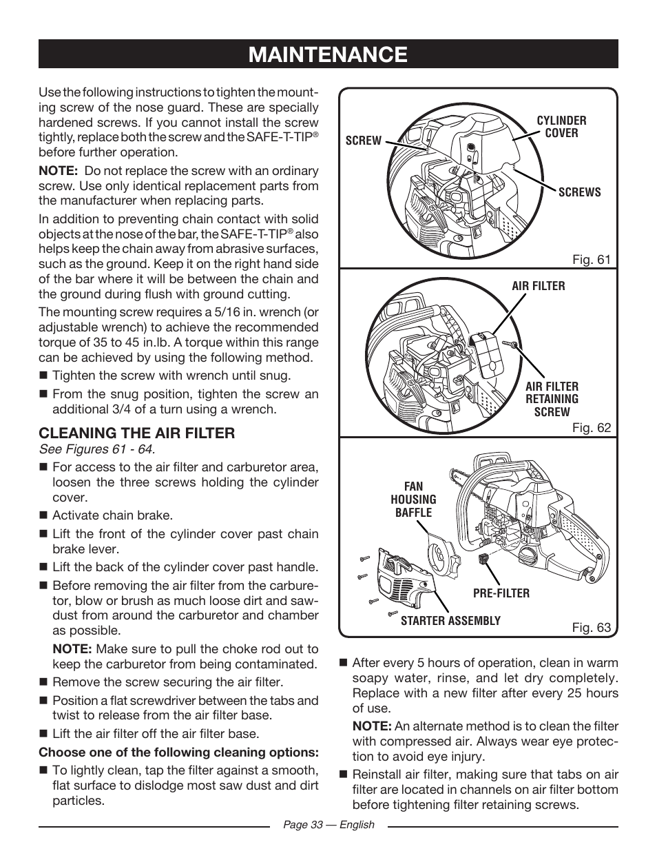 Maintenance, Cleaning the air filter | Ryobi RY10518 User Manual | Page 33 / 118