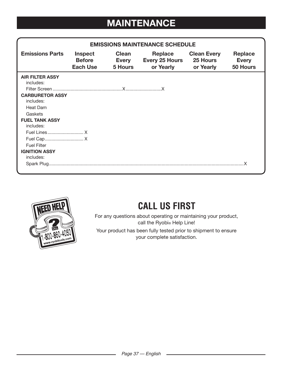 Call us first, Maintenance | Ryobi RY10518 User Manual | Page 37 / 118