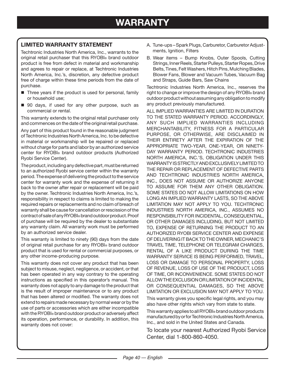 Warranty, Limited warranty statement | Ryobi RY10518 User Manual | Page 40 / 118