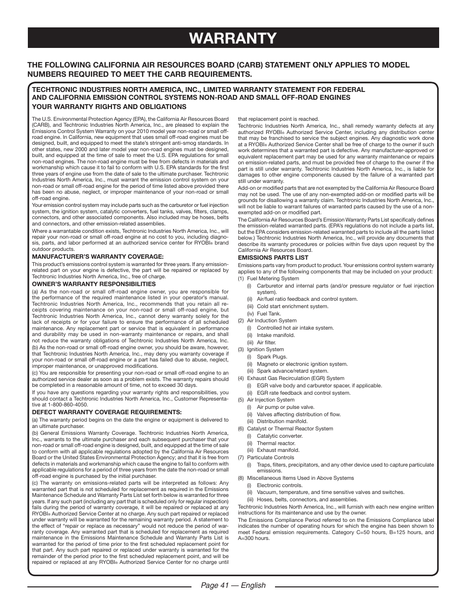 Warranty, Page 41 — english | Ryobi RY10518 User Manual | Page 41 / 118