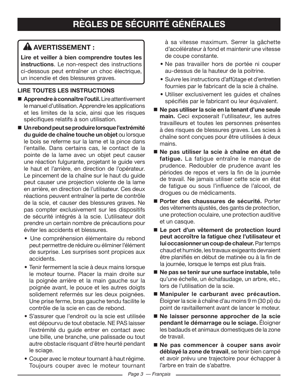 Règles de sécurité générales | Ryobi RY10518 User Manual | Page 42 / 118