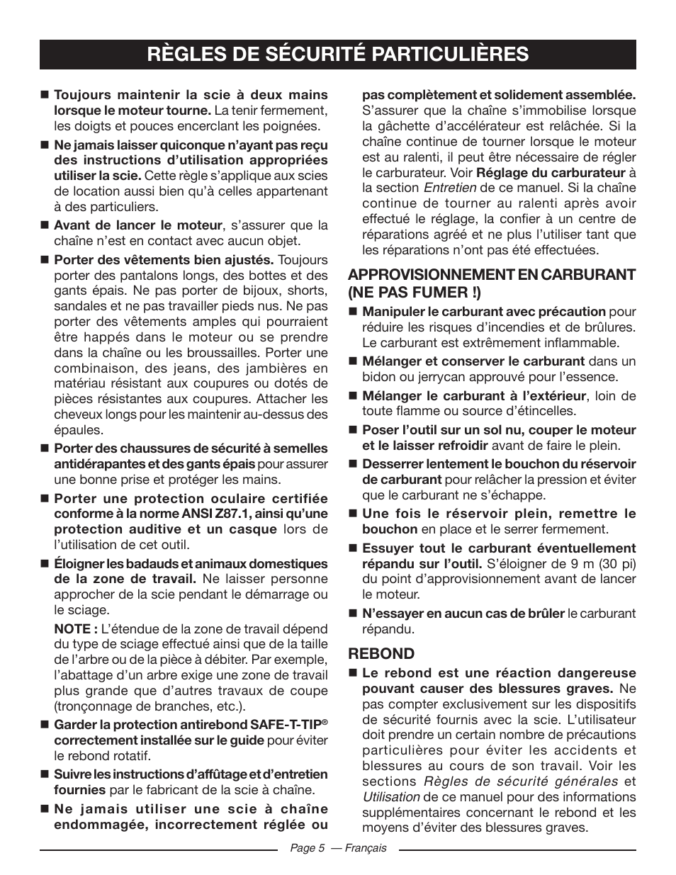 Règles de sécurité particulières | Ryobi RY10518 User Manual | Page 44 / 118