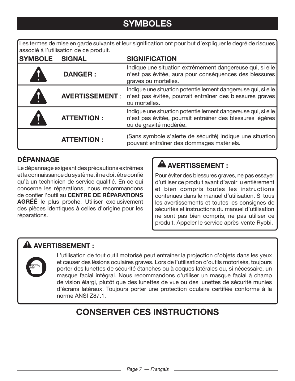 Conserver ces instructions, Symboles | Ryobi RY10518 User Manual | Page 46 / 118