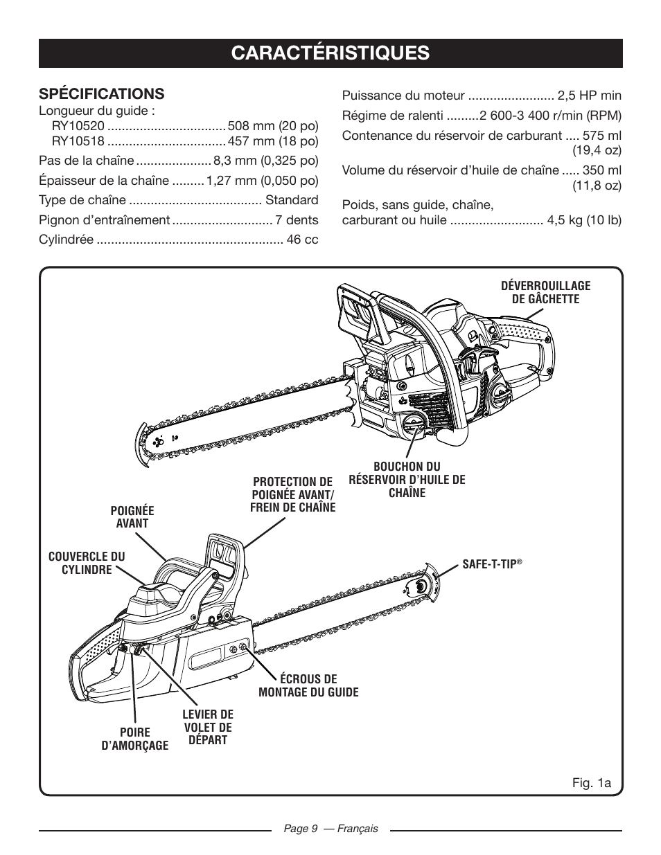 Caractéristiques, Spécifications | Ryobi RY10518 User Manual | Page 48 / 118