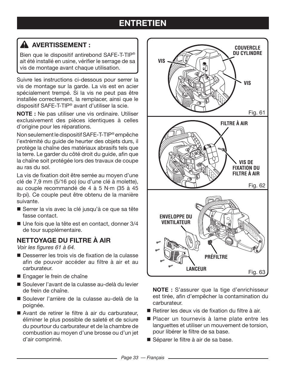 Entretien, Avertissement, Nettoyage du filtre à air | Ryobi RY10518 User Manual | Page 70 / 118