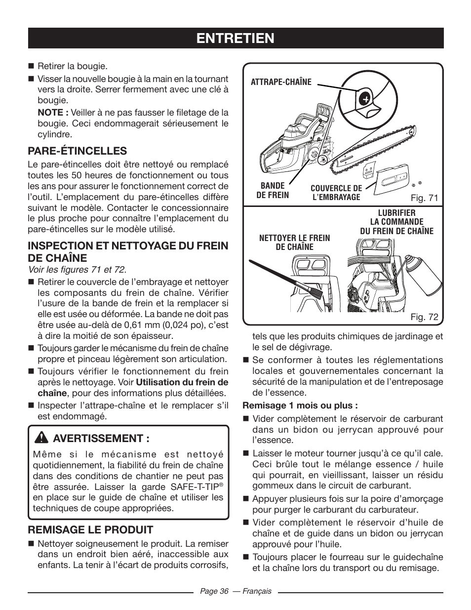 Entretien | Ryobi RY10518 User Manual | Page 73 / 118