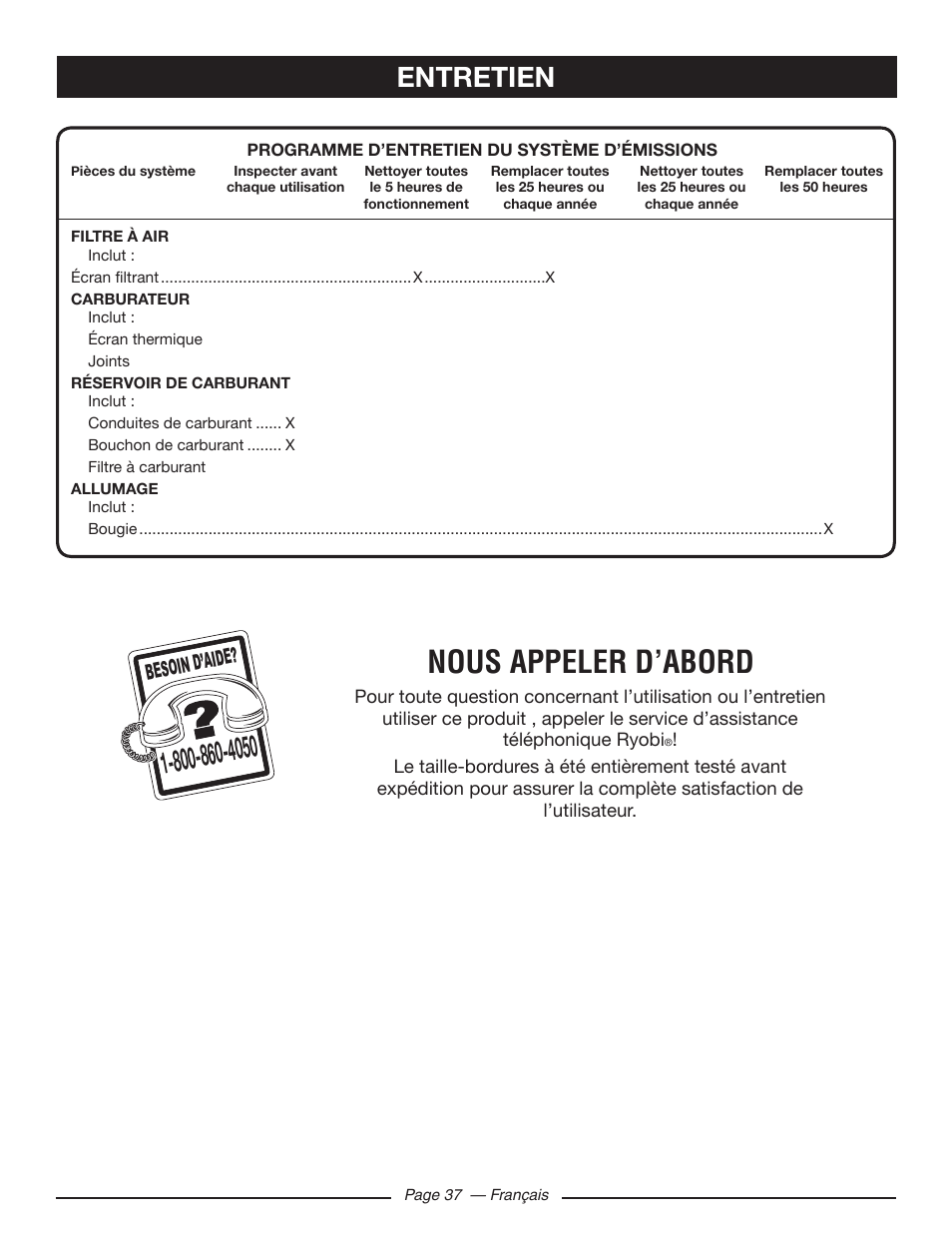 Nous appeler d’abord, Entretien, Besoin d’aid e | Ryobi RY10518 User Manual | Page 74 / 118