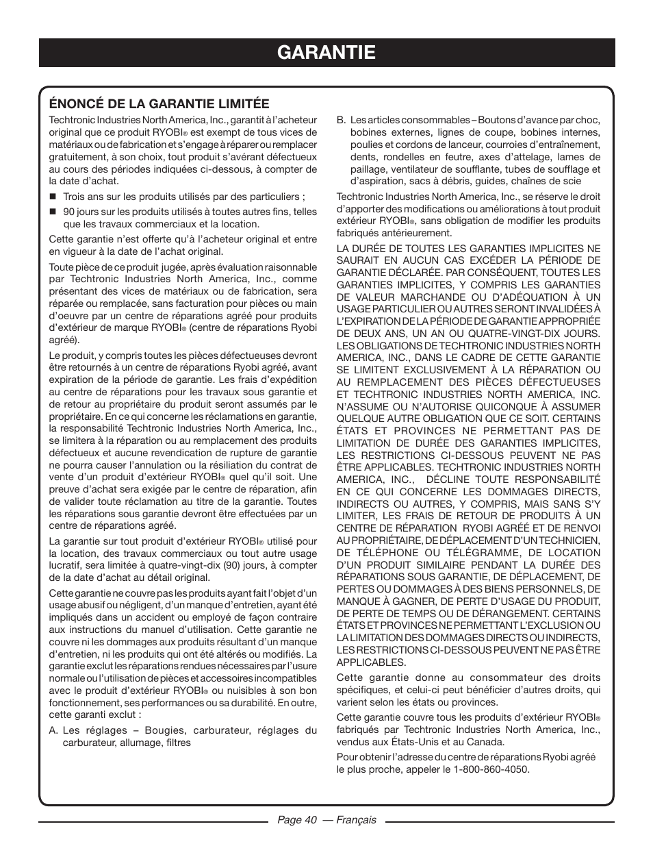 Garantie, Énoncé de la garantie limitée | Ryobi RY10518 User Manual | Page 77 / 118