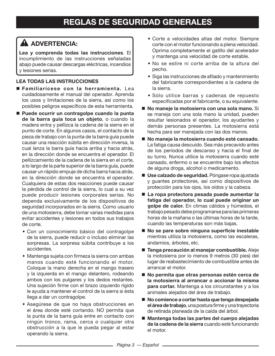 Reglas de seguridad generales, Advertencia | Ryobi RY10518 User Manual | Page 79 / 118