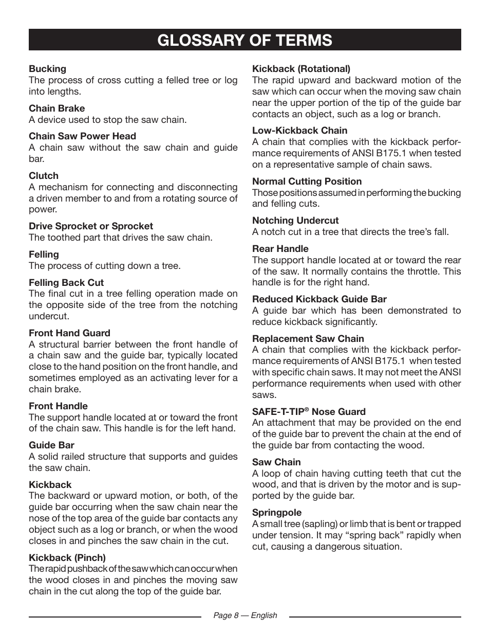 Glossary of terms | Ryobi RY10518 User Manual | Page 8 / 118