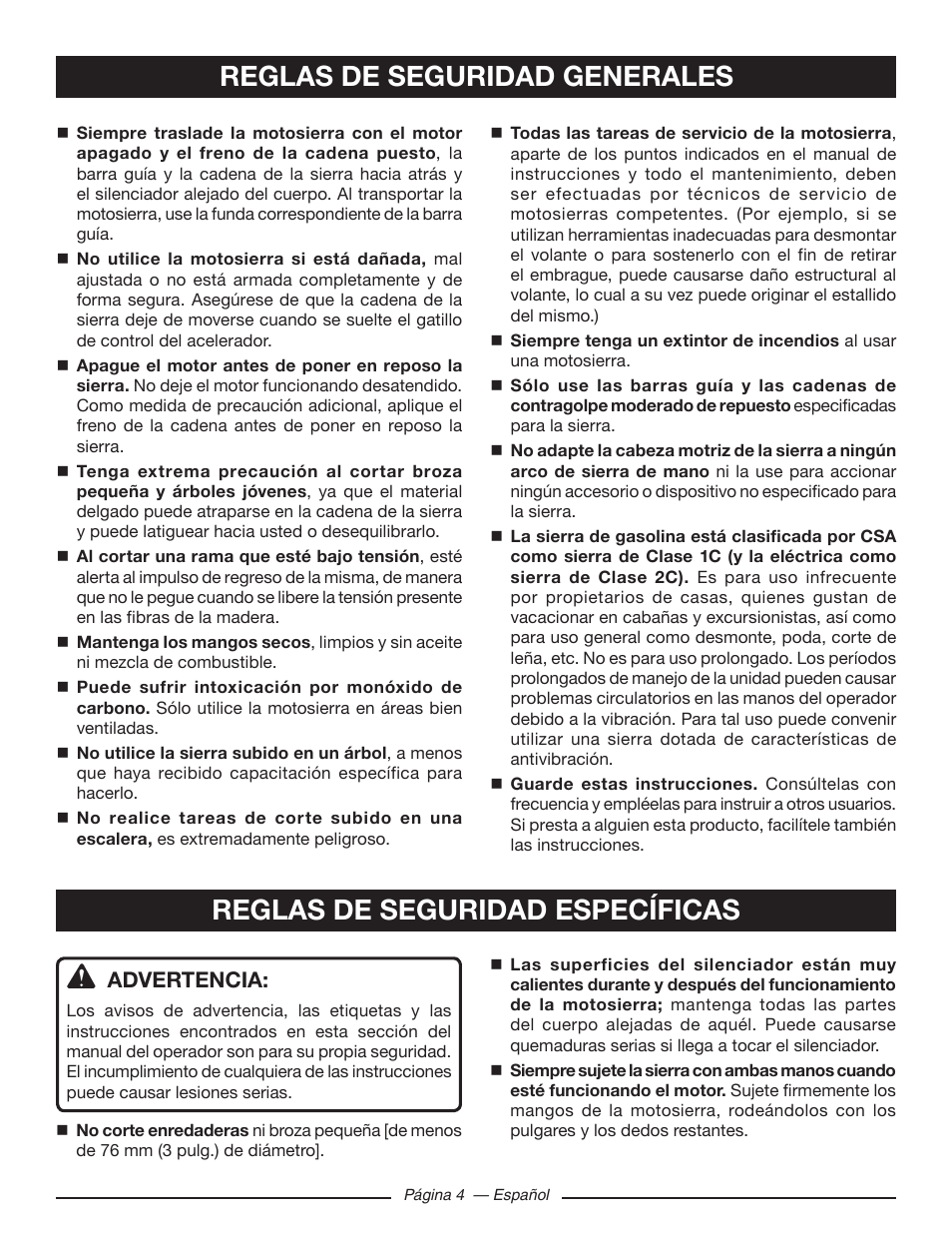 Advertencia | Ryobi RY10518 User Manual | Page 80 / 118