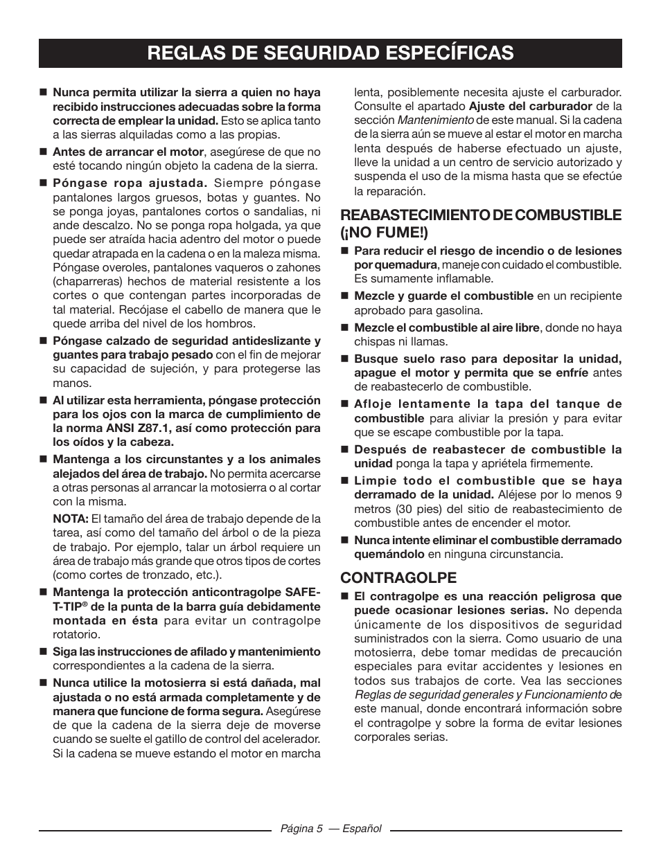 Reglas de seguridad específicas, Reabastecimiento de combustible (¡no fume!), Contragolpe | Ryobi RY10518 User Manual | Page 81 / 118