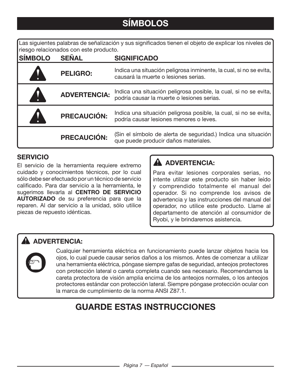 Guarde estas instrucciones, Símbolos | Ryobi RY10518 User Manual | Page 83 / 118