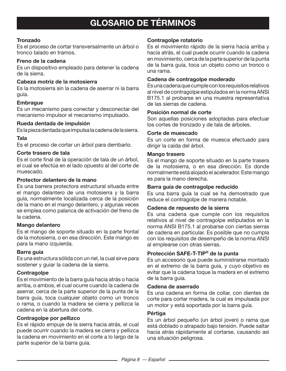 Glosario de términos | Ryobi RY10518 User Manual | Page 84 / 118