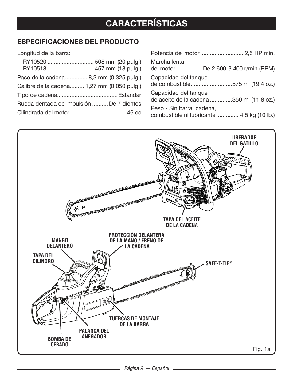 Características, Especificaciones del producto | Ryobi RY10518 User Manual | Page 85 / 118