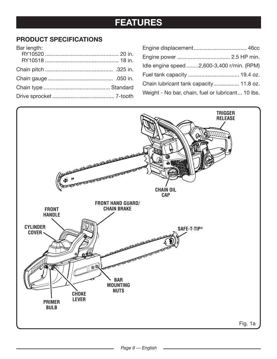 Features, Product specifications | Ryobi RY10518 User Manual | Page 9 / 118