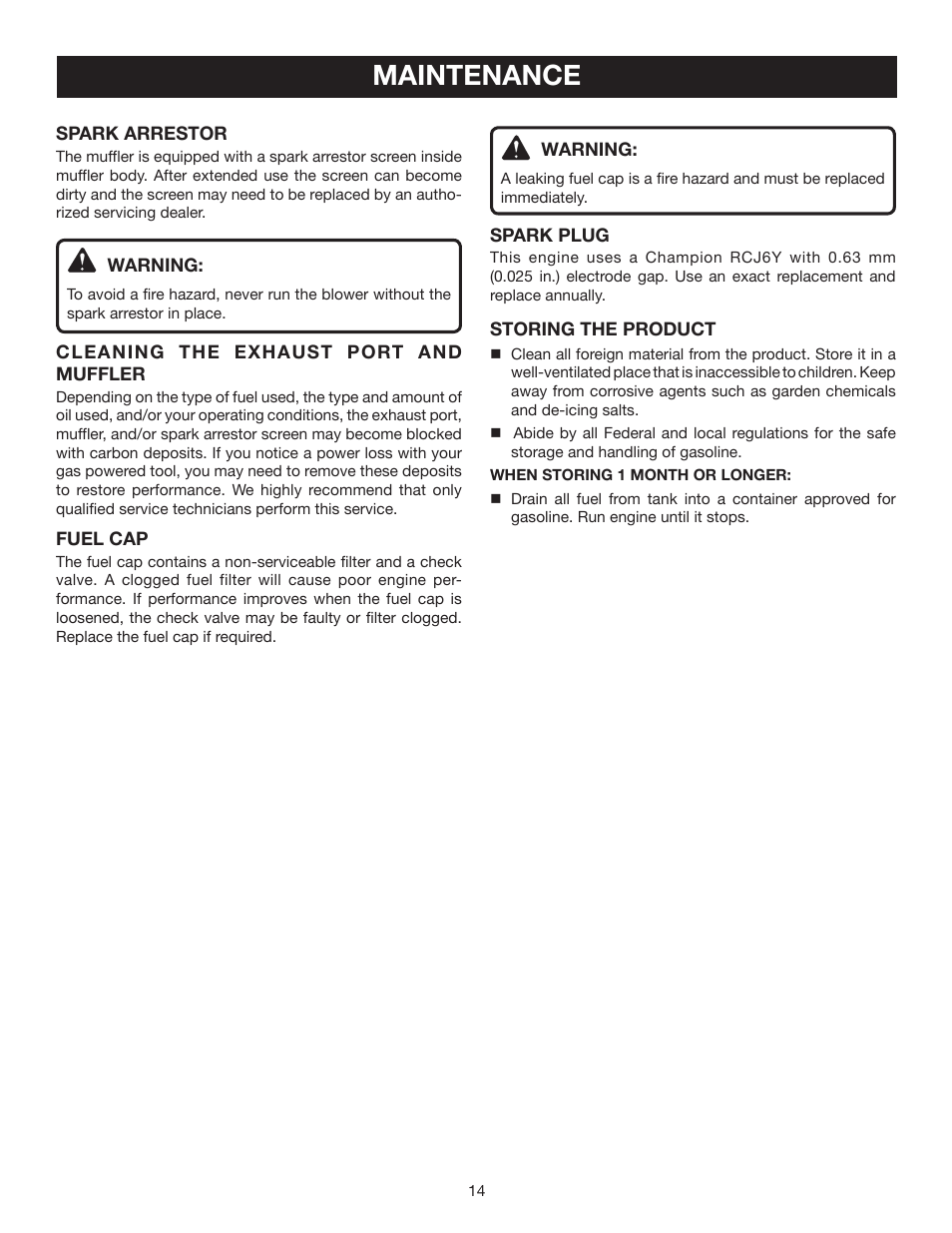 Maintenance | Ryobi RY08576 User Manual | Page 14 / 20