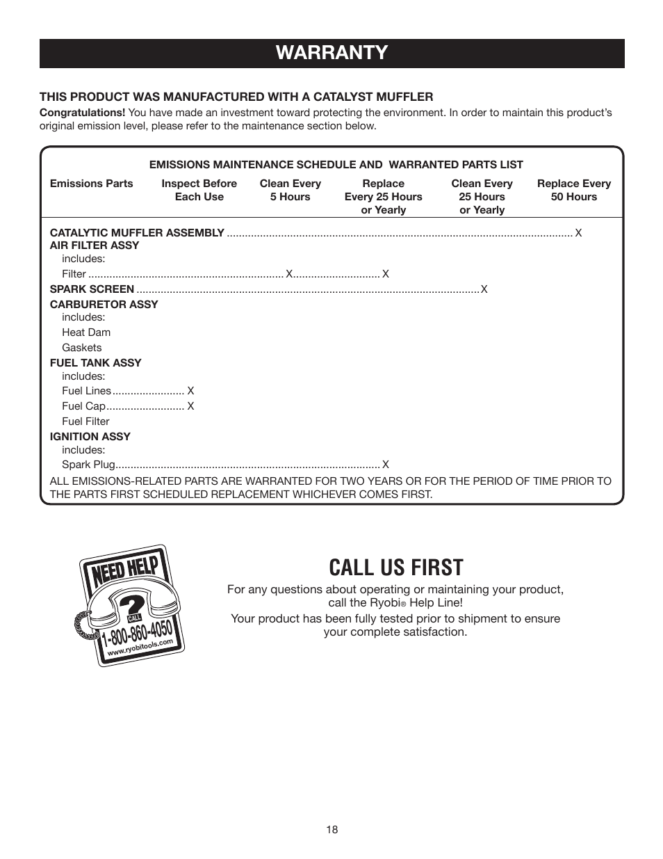 Call us first, Warranty | Ryobi RY08576 User Manual | Page 18 / 20