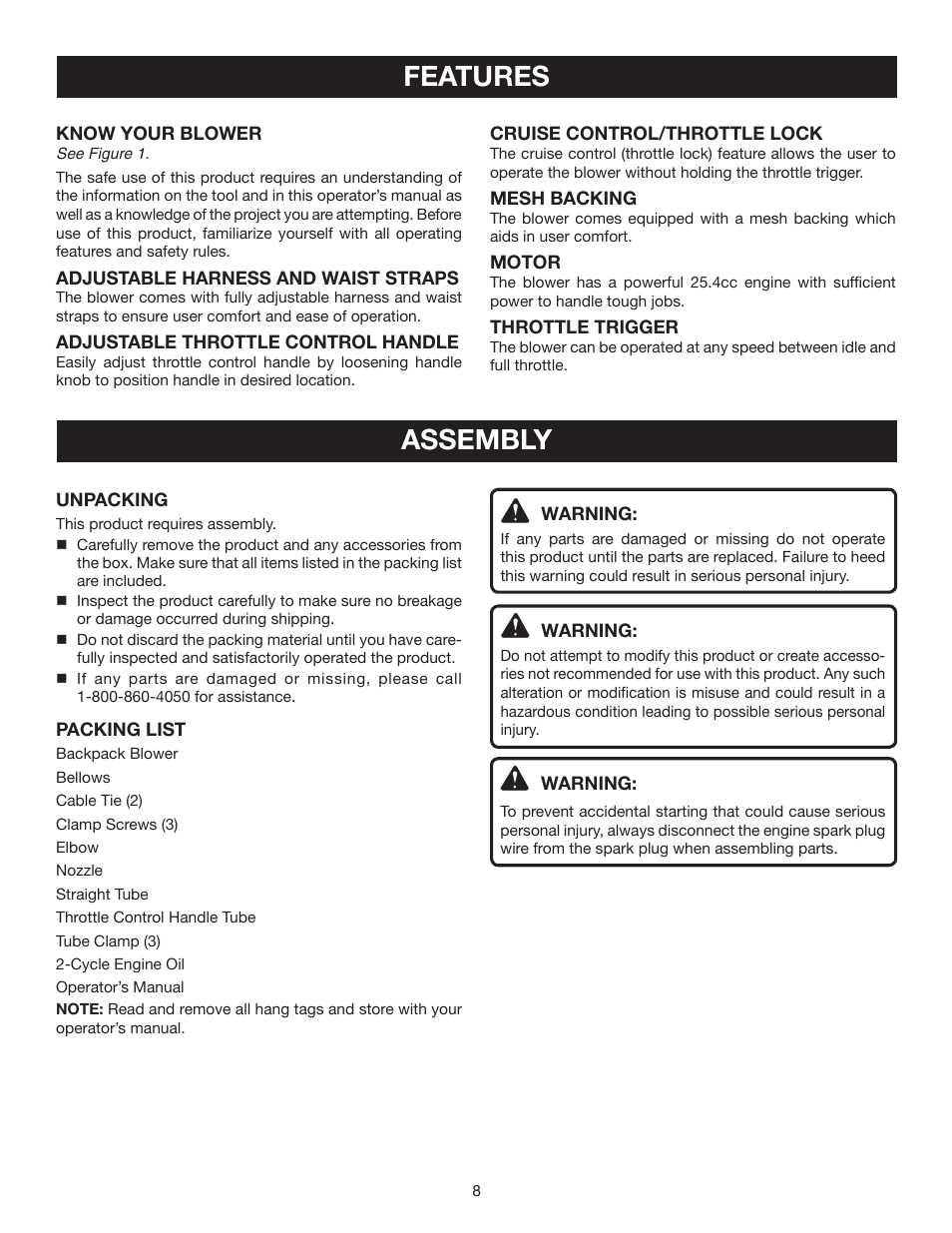 Features assembly | Ryobi RY08576 User Manual | Page 8 / 20