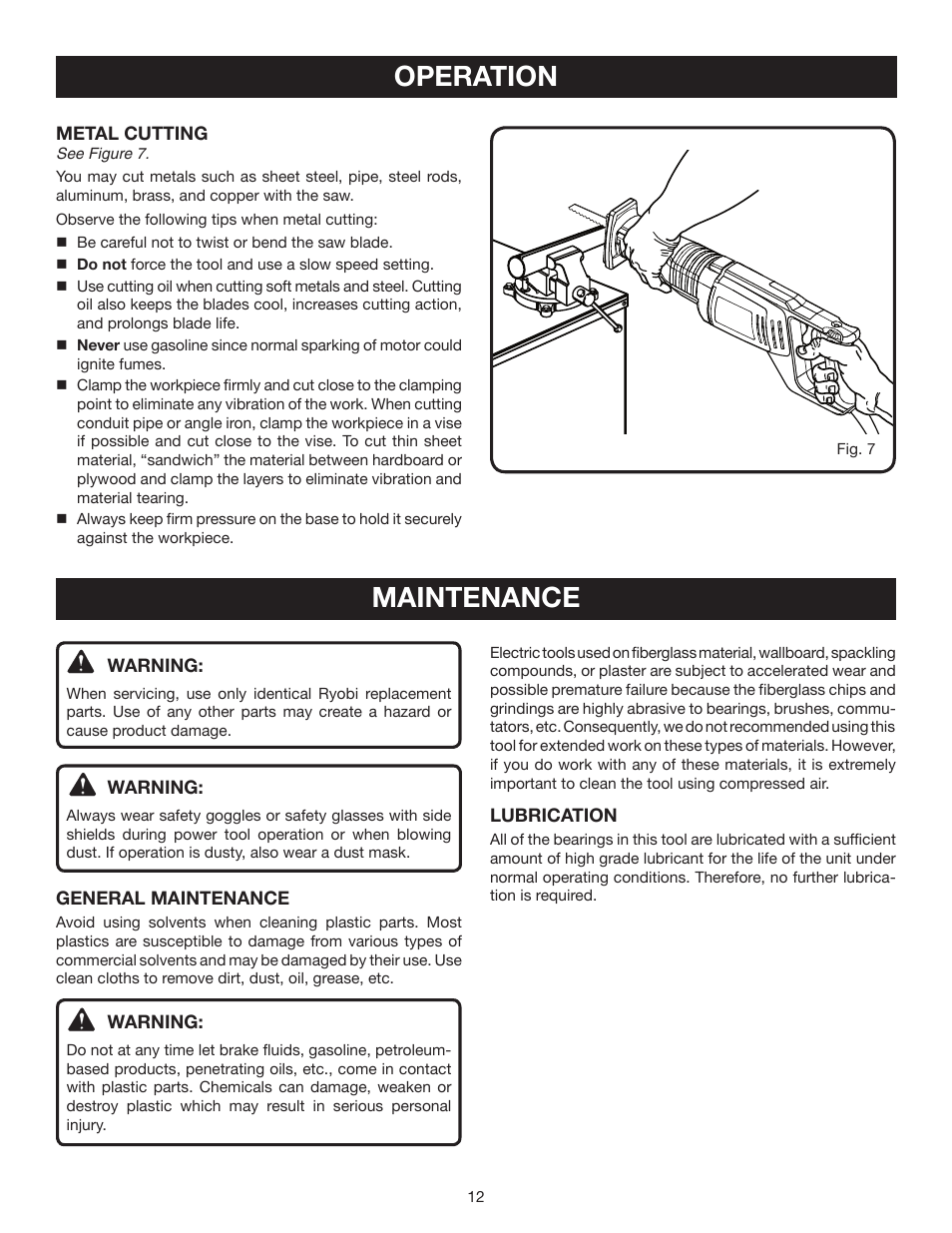 Operation maintenance | Ryobi RJ162VK User Manual | Page 12 / 14