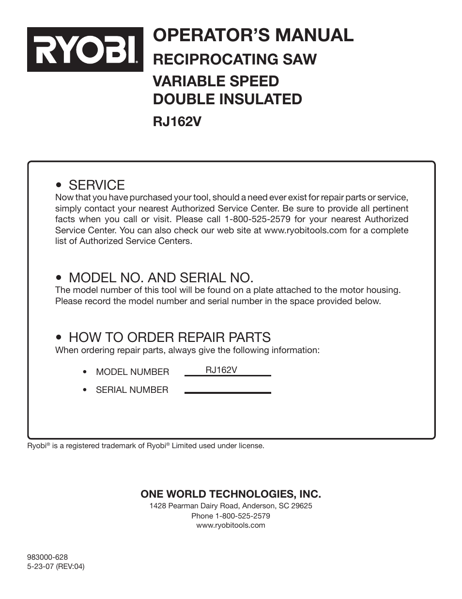 Operator’s manual, Reciprocating saw variable speed double insulated, Rj162v • service | Model no. and serial no, How to order repair parts | Ryobi RJ162VK User Manual | Page 14 / 14