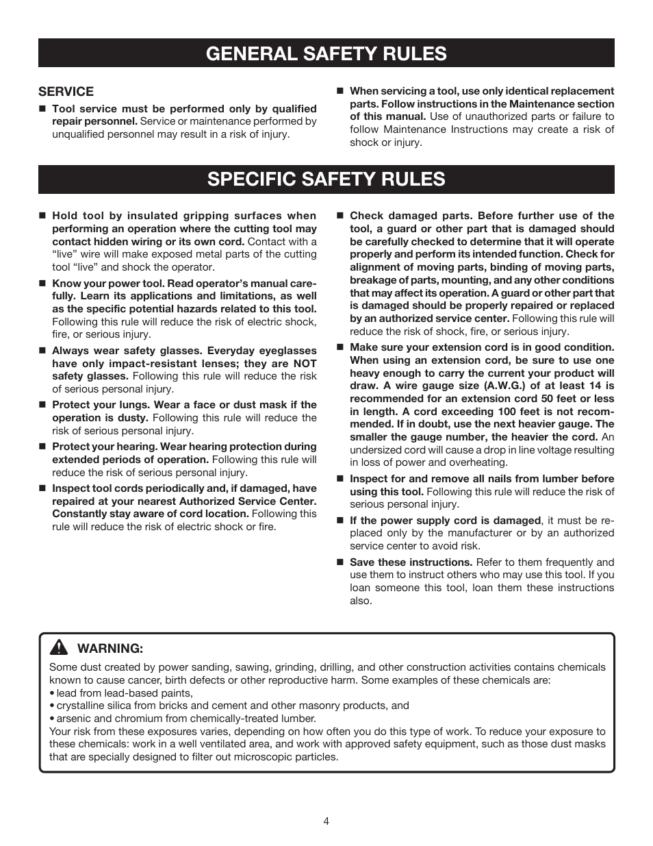 General safety rules specific safety rules | Ryobi RJ162VK User Manual | Page 4 / 14